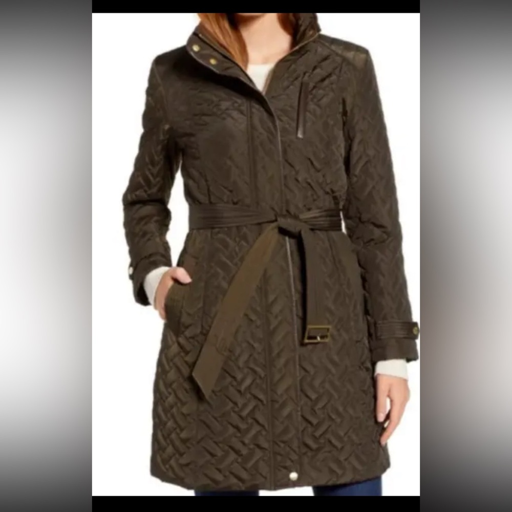 COLE HAAN Signature Women's Green Quilted Coat Insulated Jacket with Belt Size M